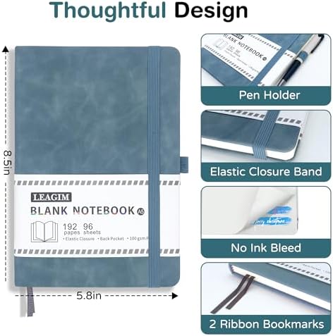 Blank Journal Notebook, A5, 192 Pages 100 GSM Thick Sketch Book for Women Men, Hardcover Leather Unlined Journaling for Work, Notebooks for Writing, 5.8 inches x 8.5 inches (Green)
