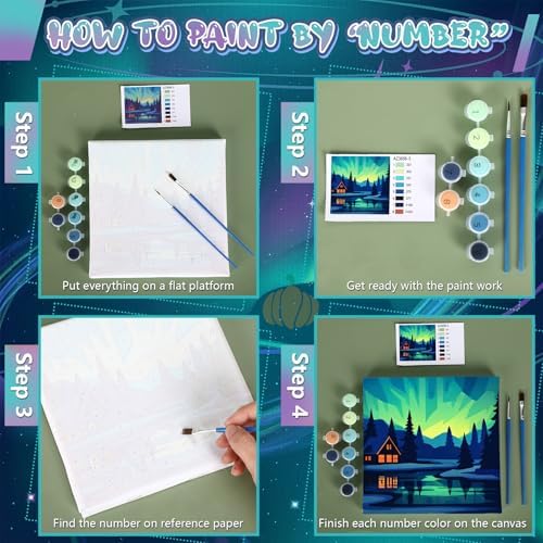 Nezyo 12 Pack Paint by Numbers Kit for Adults Beginner 8x8 Inch | Starry Spiritual Polar Lights Themed, Paint by Number Frame Canvas, DIY Acrylic Easy Painting by Numbers for Home Wall Decor
