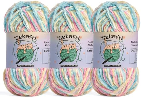 3 Pack of 300g (590yds) Fuzzy Chenille Yarn for Crocheting,Fluffy Amigurumi Crochet Yarn for DIY Craft/Hat/Clothes, Soft Velvet Baby Blanket Yarn（3 Candy Color）
