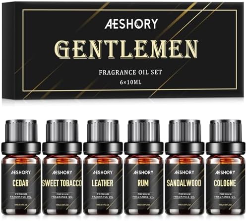 Gentlemen's Essential Oils Set - 6x10ML Mens Fragrance Oil for Candle Making, Diffuser - Sandalwood, Cedar, Leather, Sweet Tobacco, Bay Rum, Cologne Aromatherapy Oils for Men