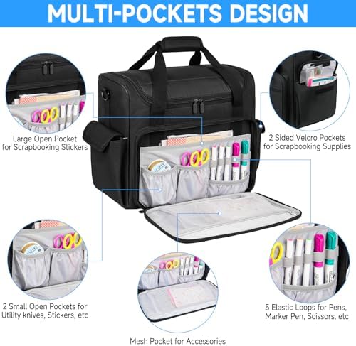 Craft Bag for Scrapbook Supplies, Large Scrapbook Tote with 15.6'' Laptop Sleeve, Art Supply Storage Bag with Multiple Pockets for Scrapbooking Tools, Black