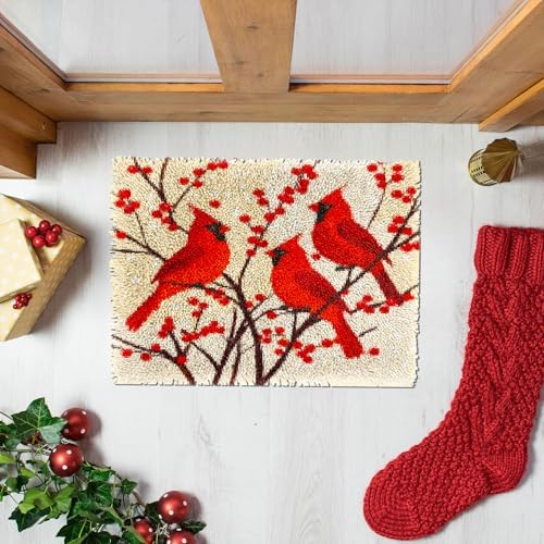 Latch Hook Rug Kit for Adults Red Cardinal on Red Berry Tree Pre-Printed Handmade Carpet Crochet Yarn Craft DIY Hook and Latch Door Mat Tapestry Home Floor Decoration 52x38cm(6)