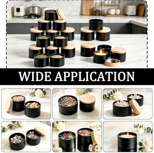 8oz Black Candle Tins with Wood Grain Lids, Matte Jars for Candle Making, Empty Metal Container, Bulk Empty Containers for Beginners & DIY Storage (Black with Woodgrain Lid, 8oz-12pcs)