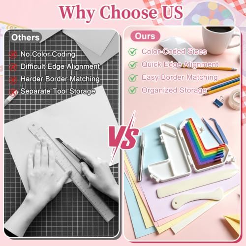 FOWSRHRG Paper Crafting Alignment Guide Set, 7 Pcs Paper Crafting Alignment Guides with Case Tweezer Craft Knife, Color-Coded Tools, Precision Layering Matting Spacers for Scrapbooking DIY Crafts