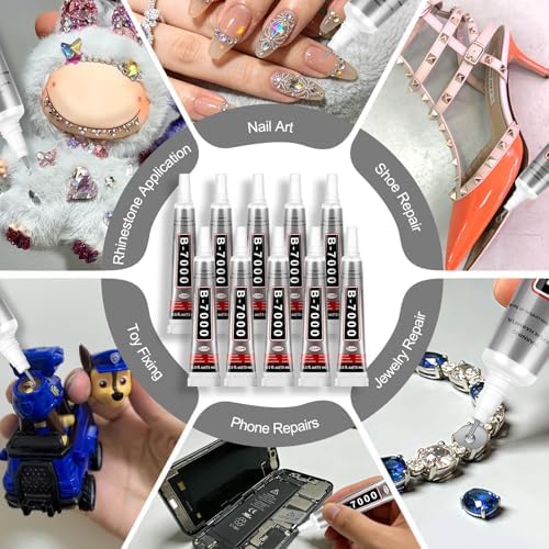 B7000 Bedazzling Glue (10 Pack, 15ml), Clear Rhinestone Jewelry Adhesive | B7000 Glue with Precision Tip for Crafts, Fabric, Clogs & Nail Art
