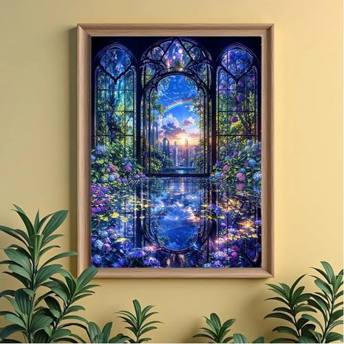 ckdiluy Flower Diamond Art Kits for Adults Beginners, 5D DIY Cityscape Diamond Painting Kits, Full Round Drill Gothic Arched Window Diamonds Dots Gem Art Crystal, Home Wall Decor 12X16 Inch