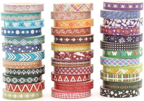 36 Rolls Skinny Washi Tape Set Gold Foil Detailing Arts Adhesive Tapes Basic Patterns Decorative Masking Tape Sets for Craft, Kids, Scrapbook, DIY, Gift Wrapping (Colorful Silver)