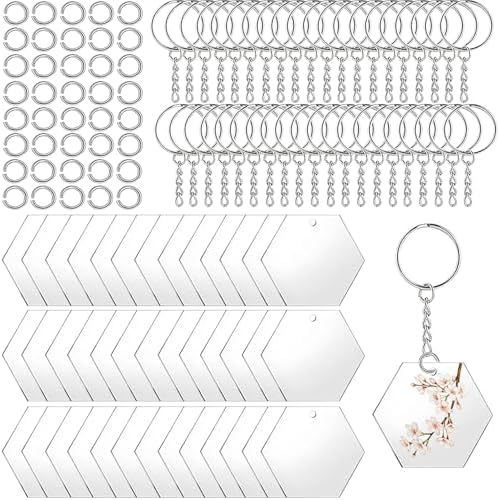 120Pcs Acrylic Keychain Blanks, BetterJonny 40Pcs Hexagon Key Tags with 40Pcs Key Chain Rings and 40Pcs Open Rings Unfinished Clear Ornament for DIY Crafting & Vinyl Projects