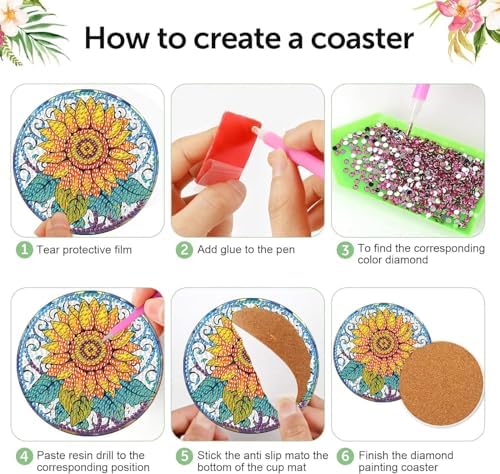 Meothan 8 Pcs Flowers Diamond Art Coasters Kit for Adults with Holder 4x4in