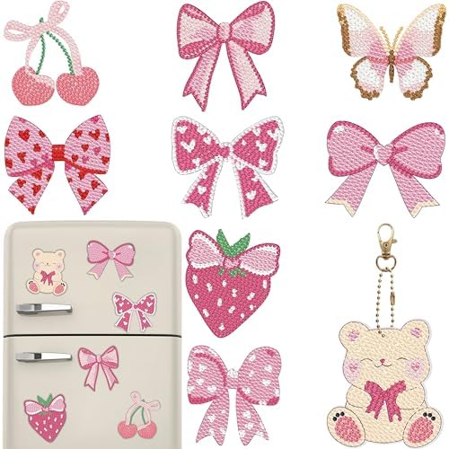 Bulerrylulu 9 Pcs Pink Diamond Painting Magnets Kits Bow Fridge Magnet Stickers Diamond Art Painting Keychains Gem Painting kit for Beginners Adults DIY Art Craft Gifts Home Decors