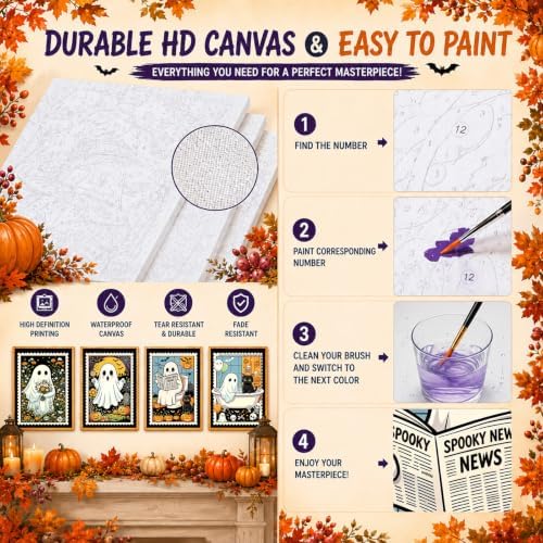 4 Pack Halloween Paint by Numbers Kit for Kids with Frame Easel 8x12 inch