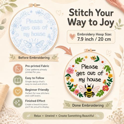 Nuberlic Please Get Out of My House Embroidery Kit, Stitch Craft Set