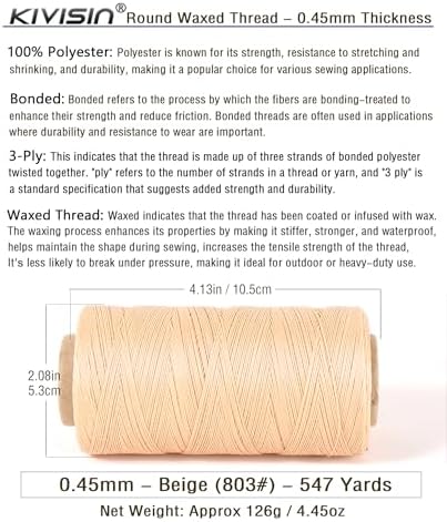 Thin Wax Polyester Thread, 0.45mm, 547 Yards, 3 Ply Round Waxed Cord Strings for Sewing, Beading, Binding, Micro Braiding, Fine Leather Craft and Micro Macrame Jewelry - Beige