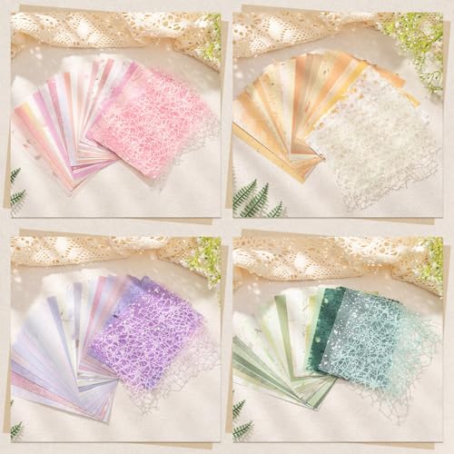 104 Sheets Textured Scrapbook Paper & Mesh Fabric Assorted Set, 4 Pack | Mixed Special Decorative Paper for Scrapbook Journaling Supplies Junk Journals Handmade Craft, 3.9x5.5 In