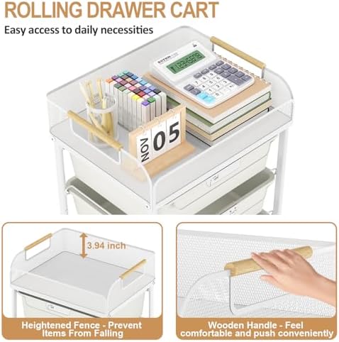 SYKIARIOL 4-Drawer Rolling Storage Cart with Mesh Top,White