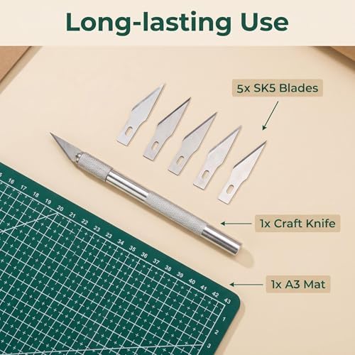 A3 Self Healing Cutting Mat Double Sided, 12x18 Inch Rotary Cutting Board with Aluminum Alloy Craft Knife and 5 Spare Blades, Precision Craft Mat for Sewing Quilting Fabric Scrapbooking Model Making