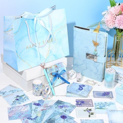 Janlaugh DIY Journal Diary with Lock Pack Scrapbook Kit, Blue, Cute | Stationery Diary Supplies, Scrapbook Supplies Art Crafts Kit for Birthday Holidays Ideal Gifts, Feather Bookmark Stickers