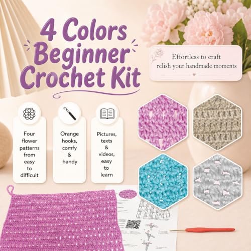 zwzxd Beginner Crochet Kit: Cotton Thread, Hooks & DIY Dishcloth Tutorial （Cool Blue-Purple）