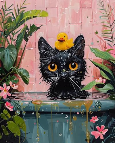 Paint by Numbers Kit for Adults Beginner, Black Cat Adult Paint by Number Kits on Canvas, DIY Easy Acrylic Watercolor Oil Paint by Number for Adults Teens Cute Animal for Home Decor Gift 16x20 Inch