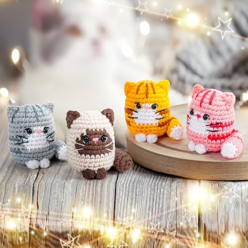 Crochet Kit for Beginners -4 PCS Cat Crochet Kit with Step-by-Step Video Tutorials, Learn to Crochet Kits for Adults, Beginner Crochet Kits for Adults, Animals Cat Crafts Knitting Kit Galentines Gifts