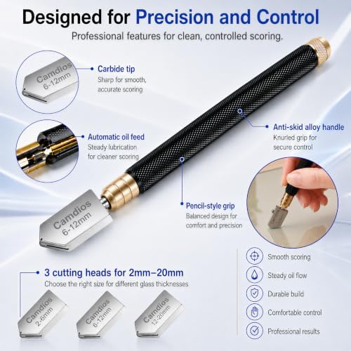 Glass Cutter 2mm-20mm, Glass Cutting Tool with Glass Oil & 3 Carbide Heads | 2-20 mm Glass Cutting, 3 Replaceable Carbide Heads, Automatic Oil Feed, Glass Cutting Oil, Mirror, Mosaic & Stained Glass