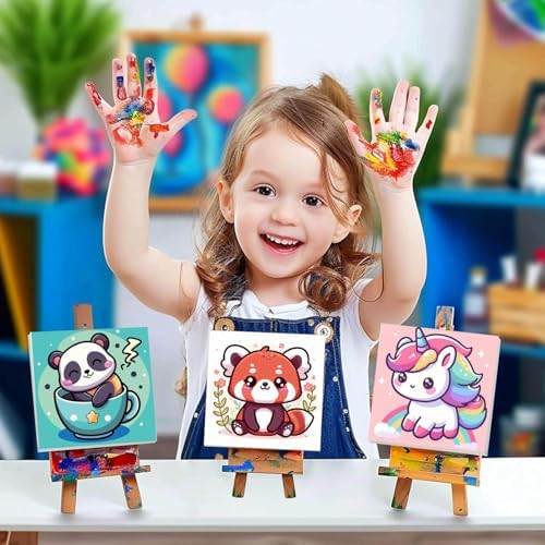 HOIYLDS Framed 4 Pack Paint by Number for Kids, Cute Animals Paint by Numbers for Kids Ages 8-12, Paint by Numbers Kits Children Beginner, DIY Acrylic Oil Painting for Home Wall Decor (8x8inch)