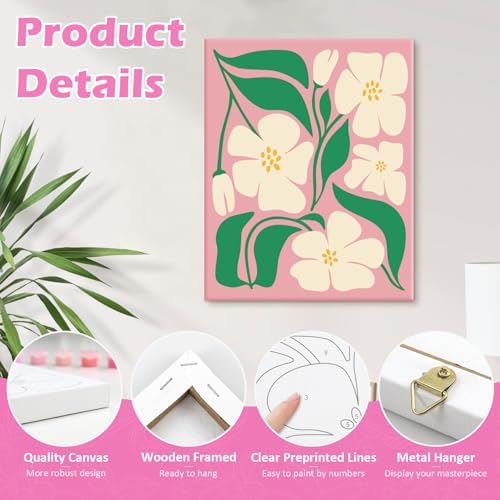 goldentime 4 Pack Framed Paint by Numbers Kit for Adults Beginner & Kids | Flowers Easy Adult Paint by Number Kits on Canvas with Frame | 8x10 Inch Floral Canvas Painting for Home Décor Gift