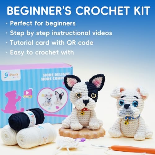 Gipony Crochet Kit for Beginners Animal,Crochet Animal Kits,Crochet Pet Toys Kits,Learn to Crochet with Step-by-Step Video Tutorials,Beginners Crochet Kits for Adults(2 Pack French Bulldog)