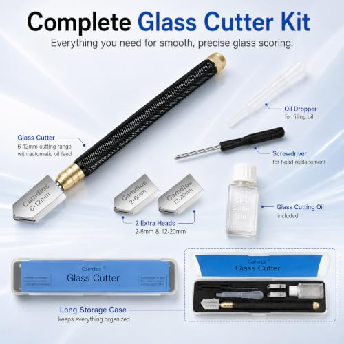 Glass Cutter 2mm-20mm, Glass Cutting Tool with Glass Oil & 3 Carbide Heads | 2-20 mm Glass Cutting, 3 Replaceable Carbide Heads, Automatic Oil Feed, Glass Cutting Oil, Mirror, Mosaic & Stained Glass