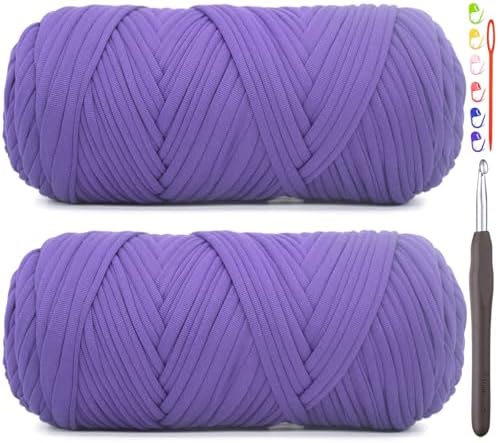2 Pack Tshirt Yarn for Crocheting,Purple T Shirt Chunky Elastic Fabric Thick T-Shirt Crochet Yarn for Beginners Crocheting Hand Knitting Bag/Basket/Coasters/DIY Crafts/Home Decor 2 * 200G(Dark Purple