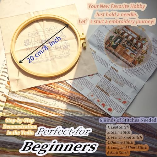 FONNUY Coffee Shop Embroidery Kit, Vintage Cafe Pre-Stamped Pattern Kits Handmade DIY Embroidery Set Suitable for Both Adults and Beginners Color Thread Needlework, 8'' Hoop (Brown)