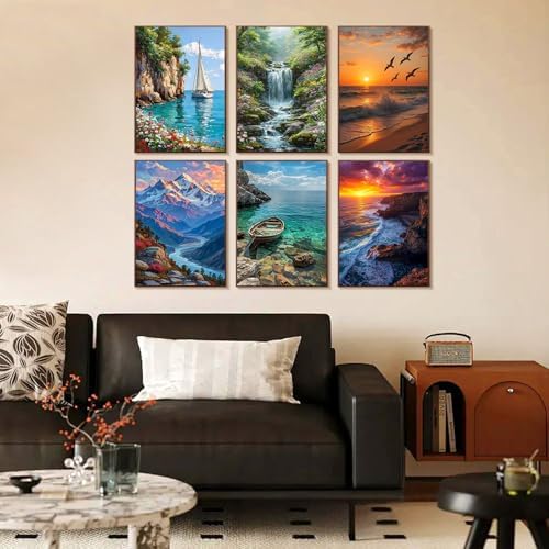 6 Pack Paint by Numbers Kit for Adults Beginner Landscape, 10x14 Inch | Beach DIY Acrylic Painting, Without Frame Canvas, Stress Relief Craft Kits, For Home Wall Decor Gift