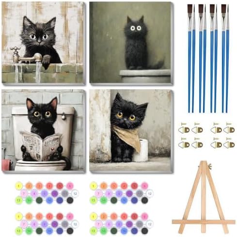 4 Pack Framed Black Cat Paint by Numbers Kits for Adults with Easel (8x8in)