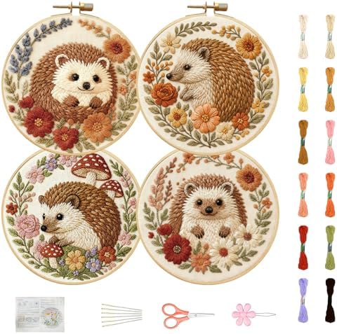 FREEBLOSS 4 Pack Embroidery Kit for Beginners Hedgehog Stamped Embroidery Starter Kit with Instruction Cross Stitch Needlepoint Kits for Crafts Adults with 2 Hoops 20cm/7.9inch