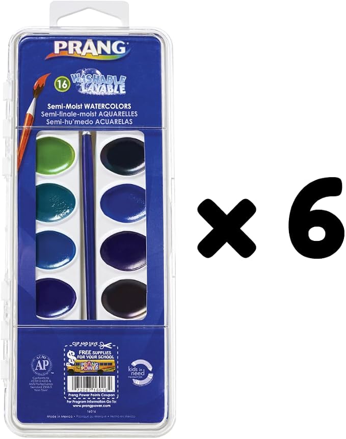 Prang Washable Semi-Moist Watercolors Oval Pan Set with Size 6 Paintbrush, Non-Refillable, 16 Assorted Colors, Pack of 6