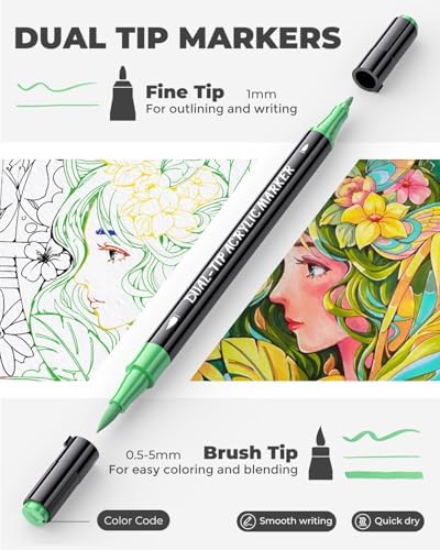 JusArt Acrylic Paint Markers 48 Colors, Dual Tip Art Supplies with Canvas