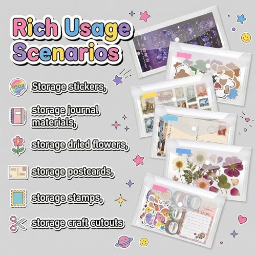 Sticker Organizer, Clear Plastic Envelopes with Snap, 12 Pack Waterproof and Durable for Sticker Storage, Scrapbook Storage, Washi Tape, Scrapbooking & Stamping Supplies (9.5 x 4 Inches)