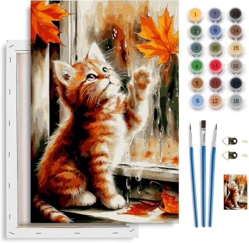 Spandrel Framed Paint by Numbers Cat Kit for Adult, Autumn Adult Paint by Number Kits on Canvas, DIY Acrylic Oil Easy Halloween Painting by Numbers Fall for Home Wall Decor, 8x12in