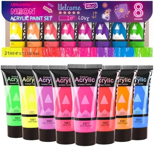 AUREUO Neon Acrylic Paint Set - 8 Fluorescent Colors x 0.71 Fl Oz / 21ml