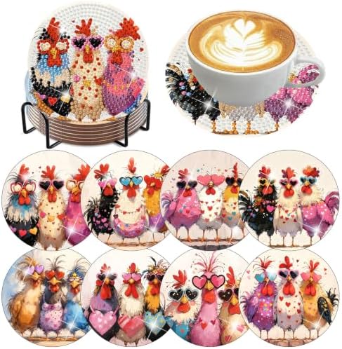 Zythron 8 Pack Diamond Art Coasters,Chicken Diamond Painting Coasters Kits