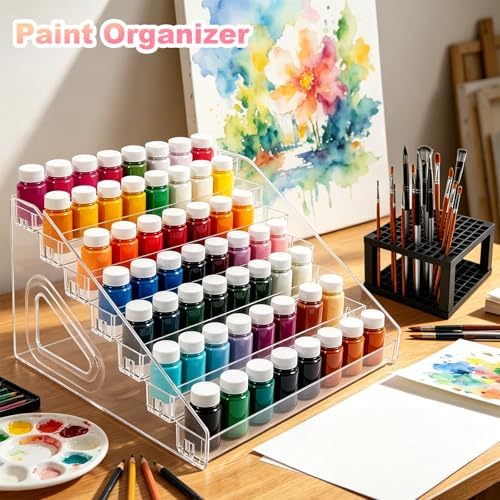 Acrylic Paint Organizer, 7 Layers Craft Paint Storage With Miniature Brush Holder, Paint Storage Rack for Acrylic Paints, Oil Paints, Nail Polish and Makeup Supplies