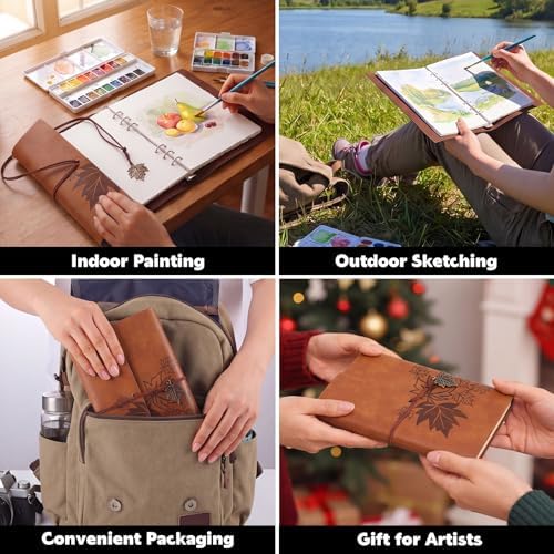 Watercolor Journal, 24 Sheets, 5.5 x 8.1 in, Khaki Leather Cover