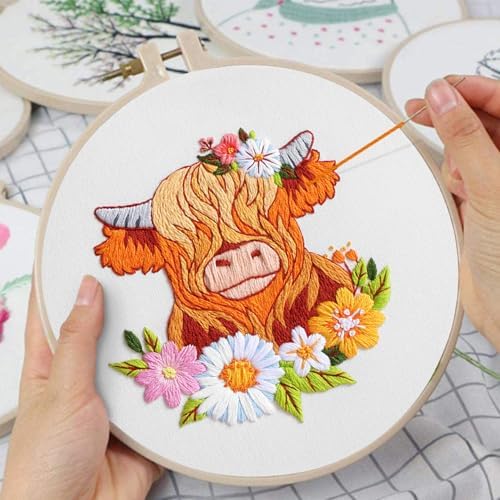 Louise Maelys 3 Set Highland Cow Embroidery Kit for Beginners Floral