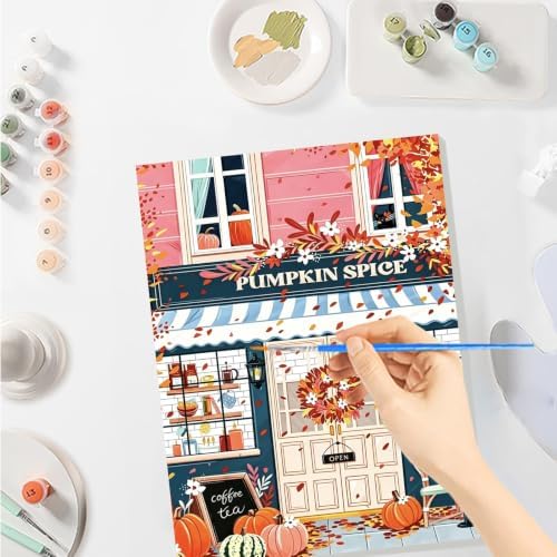SENQAO Street Shop Paint by Numbers Kit for Adults Beginner, Fall Pumpkin Adult Paint by Number Kits on Canvas, DIY Acrylic Oil Easy Painting by Numbers for Home Wall Decor 8X12 inch