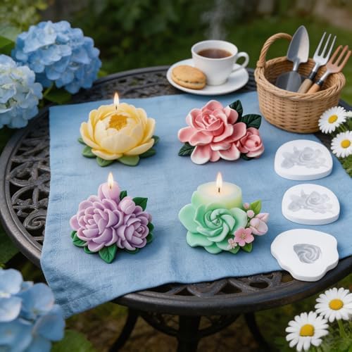 4 Pcs 3D Flower Candle Silicone Molds,Gardenia Shape for Candle Soap Crafts