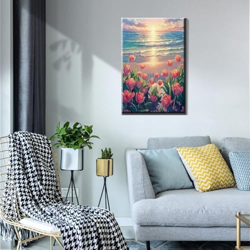 JOOZ Paint by Numbers Kit for Adults with Frame, Flowers Paint by Numbers for Adults, Seaside Sunset Paint by Number with Easel, DIY Tulip Oil Painting Kit for Home Wall Decor 8 x 12 Inch