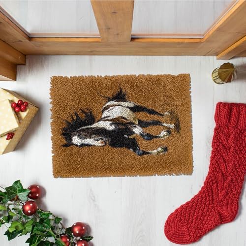 Latch Hook Rug Kit Cute Black and White Wild Horse Running Pre-Printed Handmade Carpet Crochet Yarn Craft DIY Hook and Latch Door Mat Tapestry for Home Floor Decoration 52x38cm-1