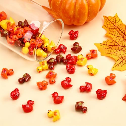 JUNEBRUSHS 50Pcs Fall Mini Resin Ducks Thanksgiving Miniature Figures