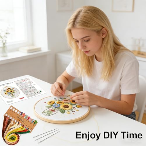 BoAn Sunflower Embroidery Kit for Beginners, DIY Cross Stitch Kit with Hoop
