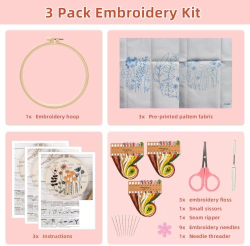 Herdiese Embroidery Kit for Beginners & Adults, 3 Floral Patterns & Hoop